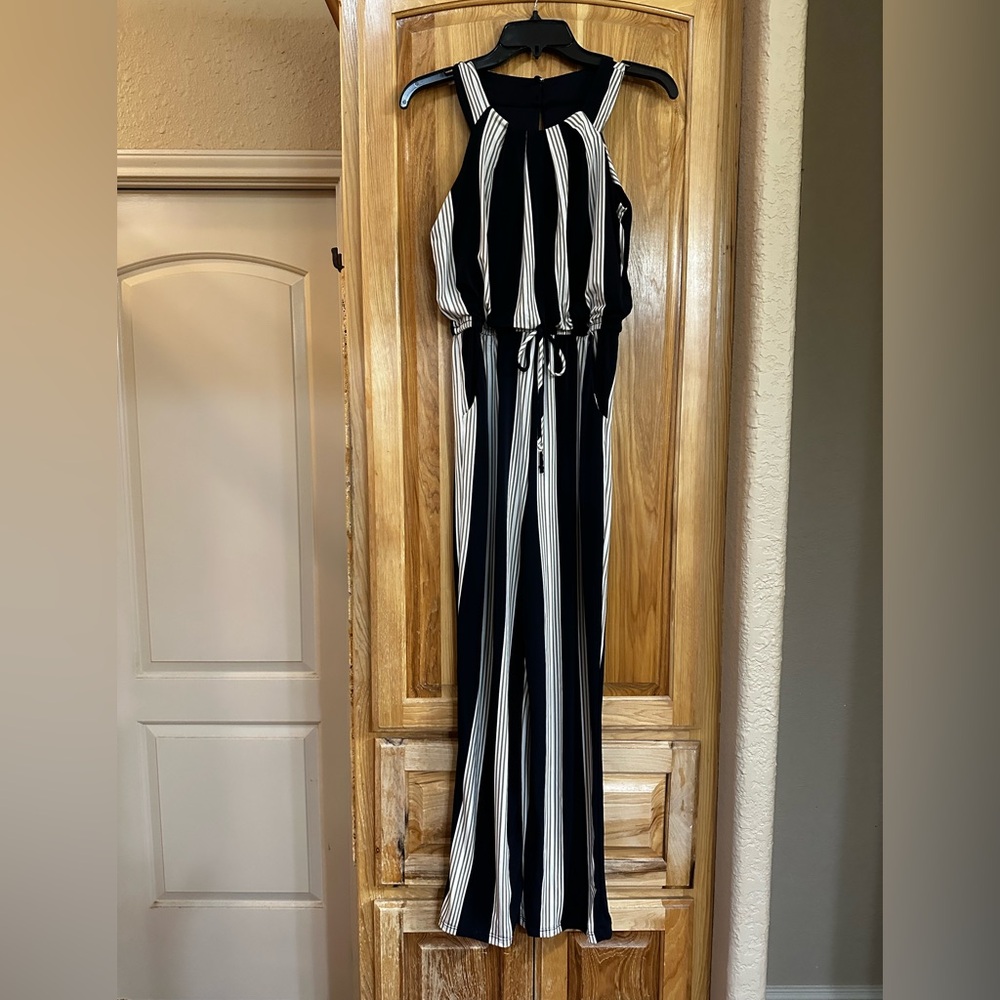 Enfocus Studio Black and White Striped Halter Jumpsuit